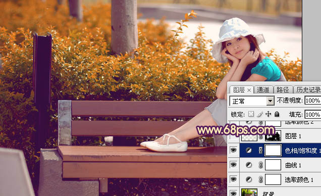 Photoshop给公园长凳上的美女加上唯美的深秋橙褐色11
