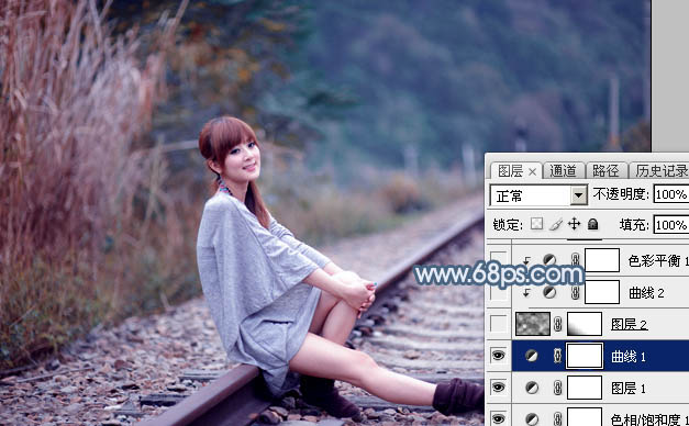 Photoshop给铁轨上的美女加上梦幻的淡蓝色9