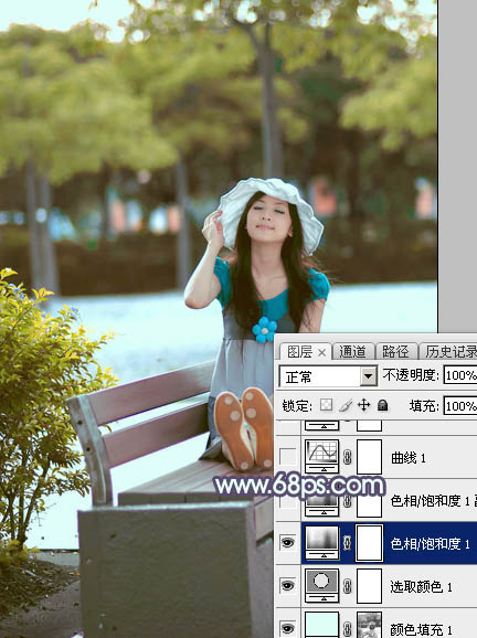 Photoshop给外景美女加上韩系秋季粉蓝色5