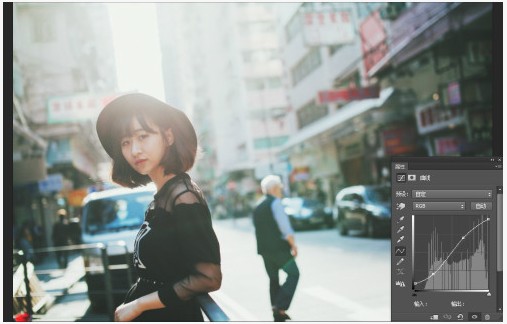 Photoshop给街道美女加上日系淡青色5