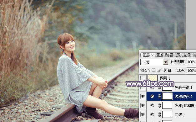Photoshop给铁轨上的美女加上甜美的粉调蓝黄色16