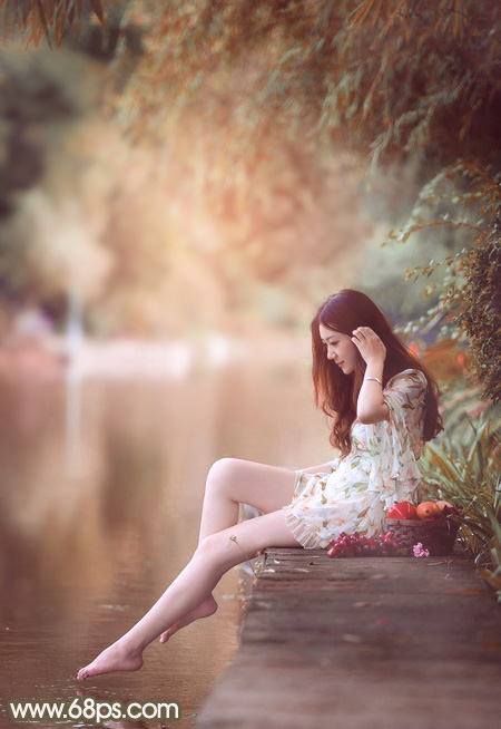 Photoshop打造甜美的红褐色河景美女图片1