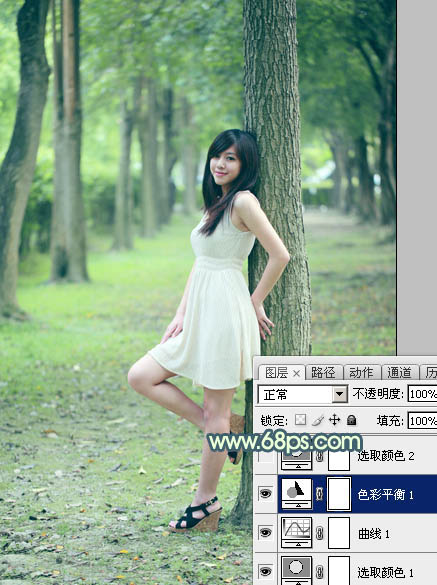 Photoshop给树林美女图片加上柔和的青黄色8