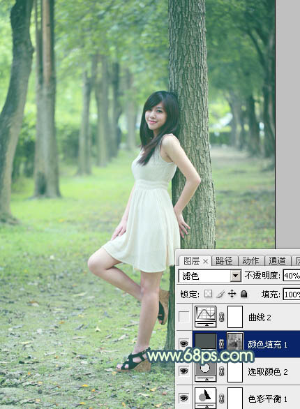 Photoshop给树林美女图片加上柔和的青黄色13
