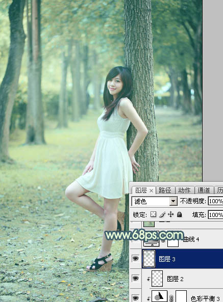 Photoshop给树林美女图片加上柔和的青黄色23