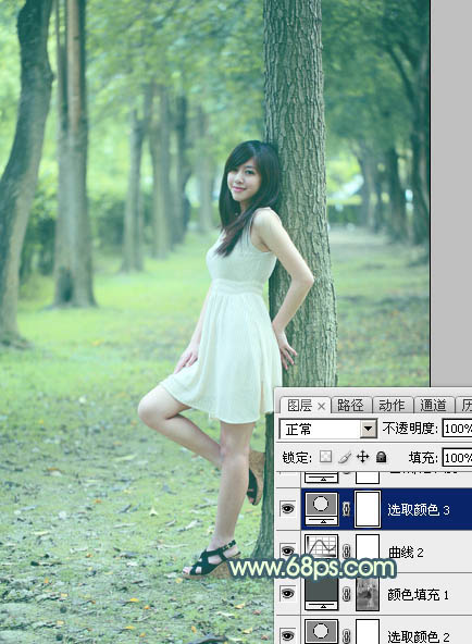 Photoshop给树林美女图片加上柔和的青黄色20