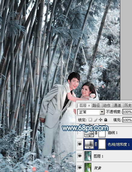 Photoshop给竹林婚片加上梦幻的淡调青蓝色6