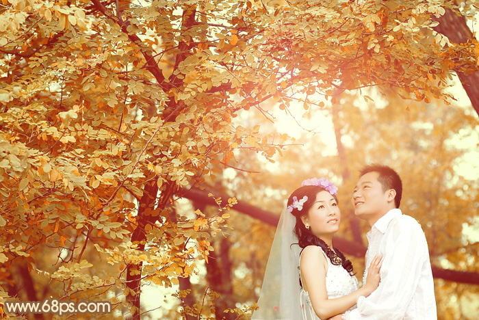 Photoshop打造温馨浪漫的暖色树林婚片3
