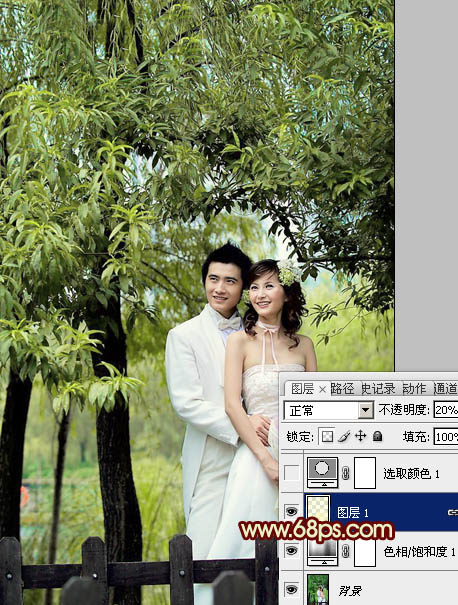 Photoshop打造甜美的青黄色树林婚片6