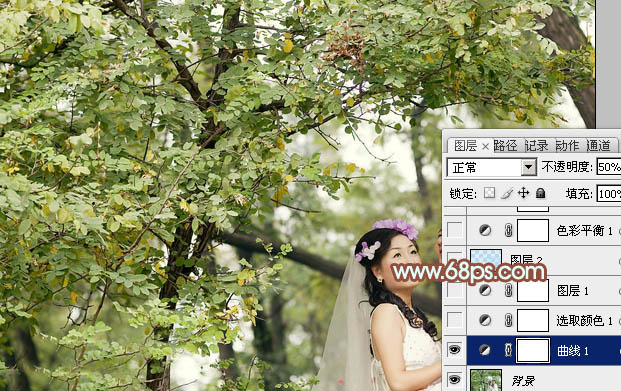 Photoshop打造清爽的淡橙色树林婚片教程5