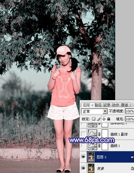 Photoshop给外景美女照片加上流行的韩系粉蓝色教程4