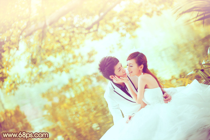 Photoshop给池塘边的情侣婚纱照加上唯美的淡黄色3