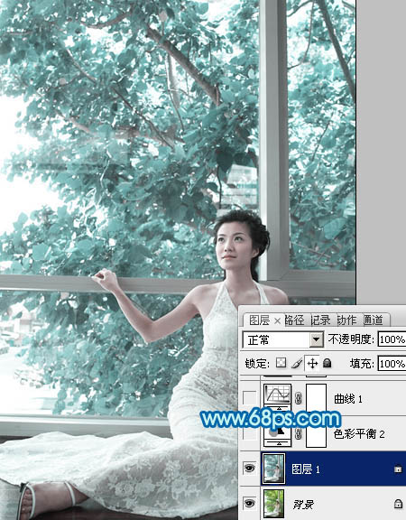 Photoshop给窗户边上的美女照片打造梦幻的青绿色4