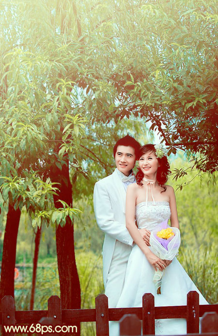 Photoshop打造甜美的青黄色树林婚片3