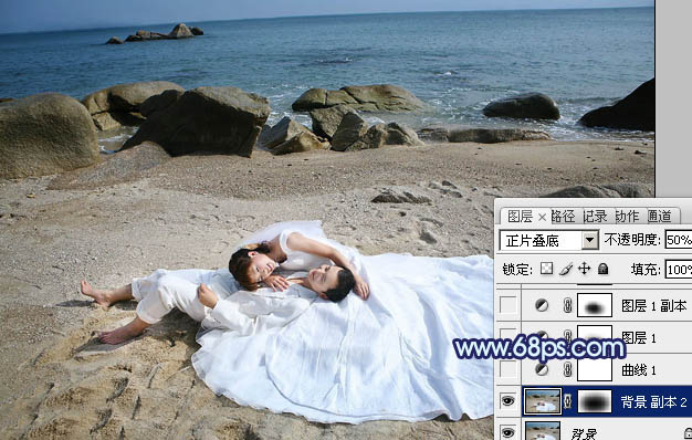 Photoshop打造经典暗蓝色沙滩婚片3