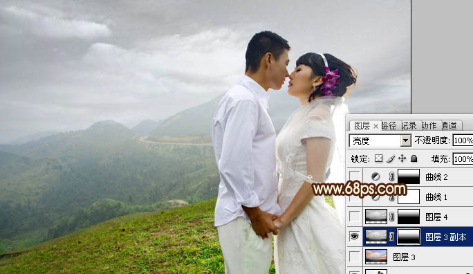 Photoshop给山景婚片增加漂亮的霞光色6