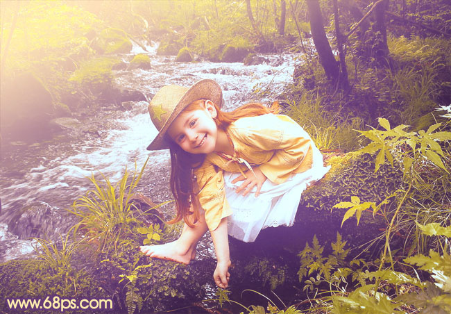 Photoshop调出树林河边女孩照片柔美的暖色调2