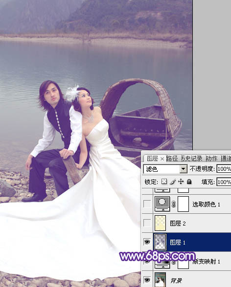 Photoshop调出江景婚片纯美的蓝紫色5