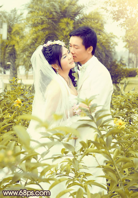 Photoshop给树林婚片加上柔和的古典黄绿色2