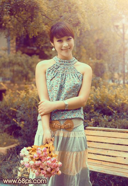 Photoshop给公园美女照片增加柔和的古典橙黄色2