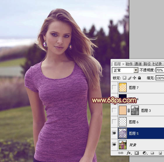 Photoshop调出外景人物图片柔美的黄紫色3