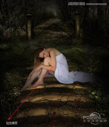Photoshop合成在林中阶梯上沉思的美女仙子11