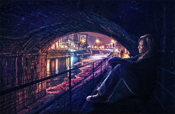 Photoshop中合成非常唯美的女孩与桥夜景图1
