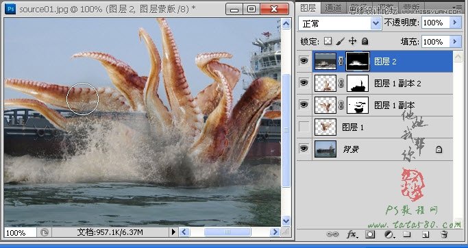 用Photoshop合成合成史前大章鱼袭击轮船效果24