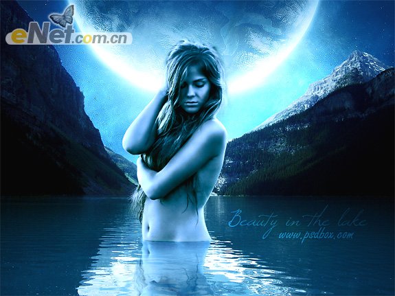 Photoshop合成蓝色风格的美女湖光夜浴场景1