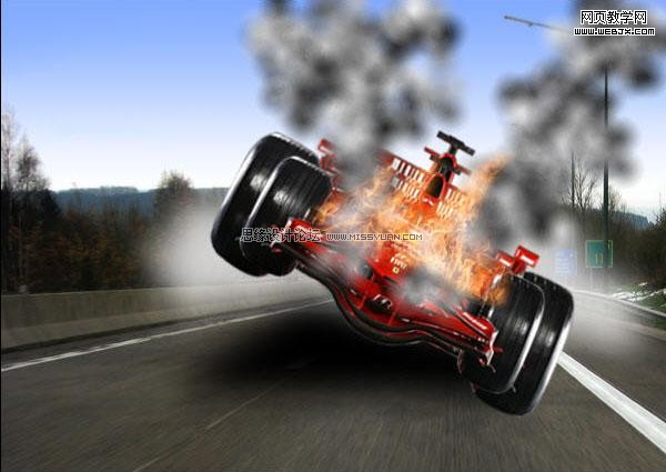 PS合成一辆着火且冒烟雾的F1赛车20