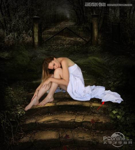 Photoshop合成在林中阶梯上沉思的美女仙子10