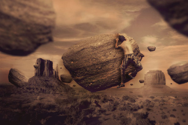 PS合成攀爬在石头上的人超现实科幻浮石风景效果教程1