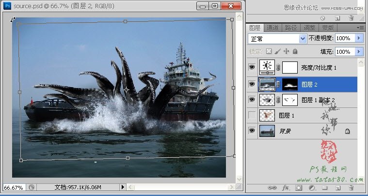 用Photoshop合成合成史前大章鱼袭击轮船效果33