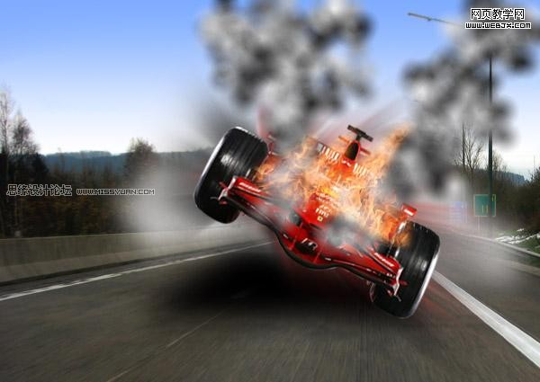 PS合成一辆着火且冒烟雾的F1赛车22