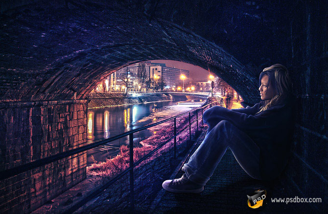 PS合成桥在洞中欣赏夜景的孤独美女技巧1