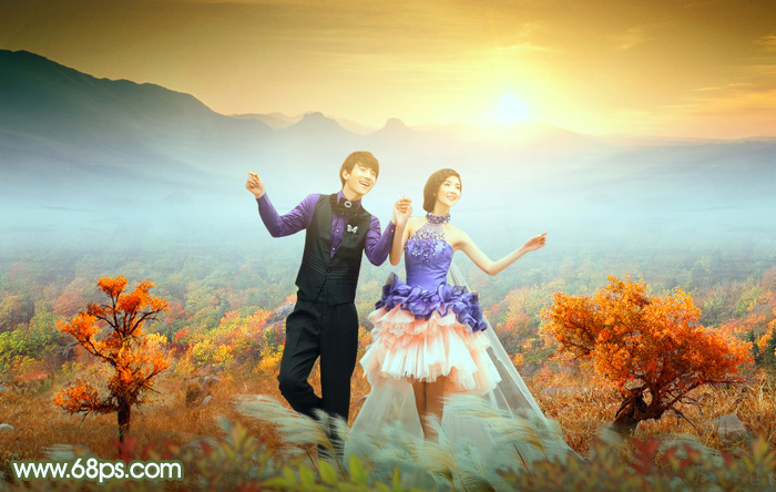 Photoshop合成唯美大气的秋季婚片1
