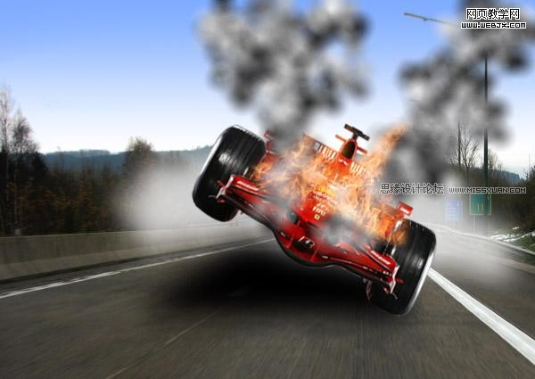 PS合成一辆着火且冒烟雾的F1赛车19