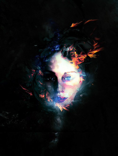 Photoshop制作彩色火焰中的抽象女性头像图片1