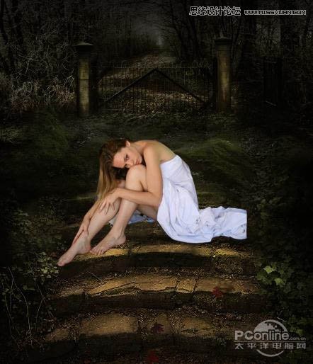 Photoshop合成在林中阶梯上沉思的美女仙子9