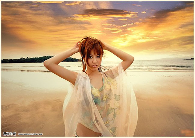 PhotoShop合成落日余晖下的沙滩美女3