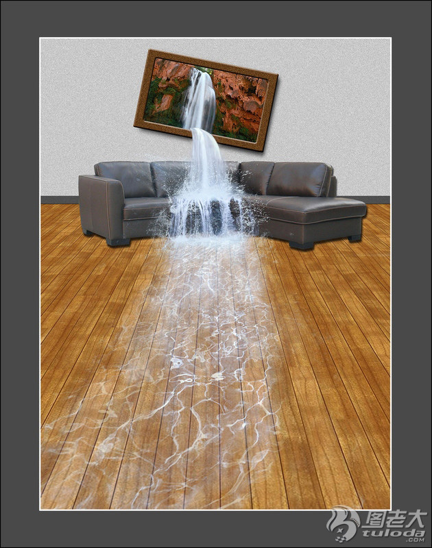 PS合成客厅背景墙上画框瀑布室内流水效果教程2