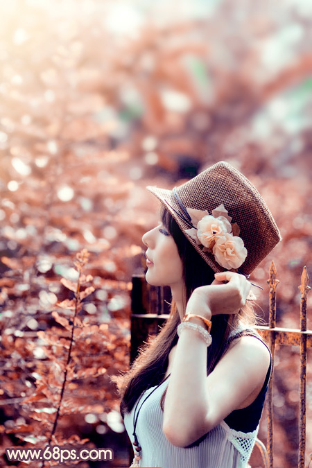 Photoshop给绿树边的美女加上浓烈的秋季阳光色2