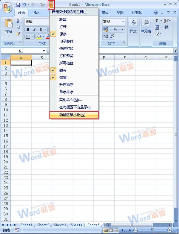 Excel2007工作表中如何隐藏功能菜单？1