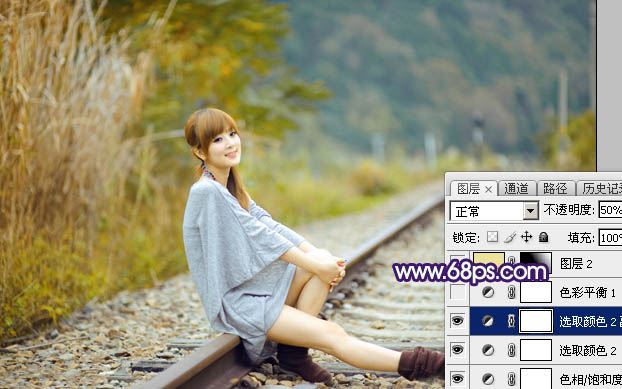 Photoshop打造小清新的淡黄色秋季铁轨美女图片15