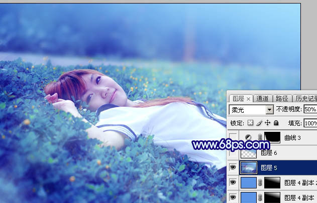 Photoshop打造梦幻甜美的青蓝色春季美女图片38