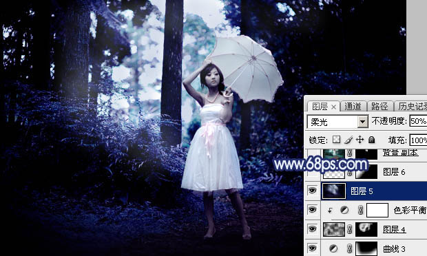 Photoshop为森林人物图片打造梦幻的暗蓝色特效22