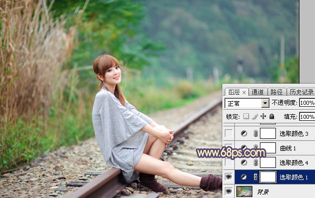 Photoshop给铁轨上的美女加上甜美的晨曦暖色5