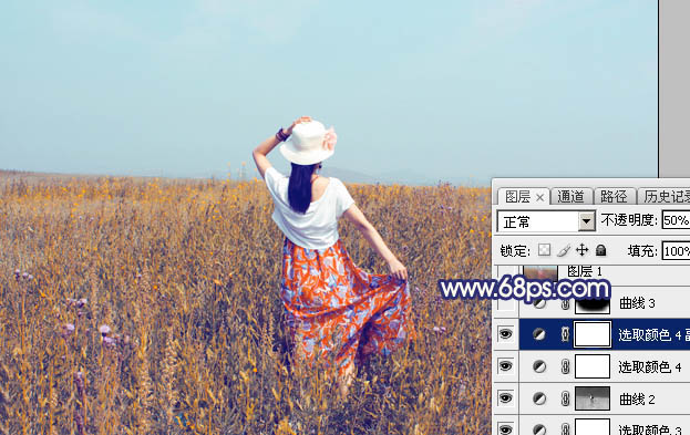 Photoshop给荒草中的美女加上清新的韩系秋季色26