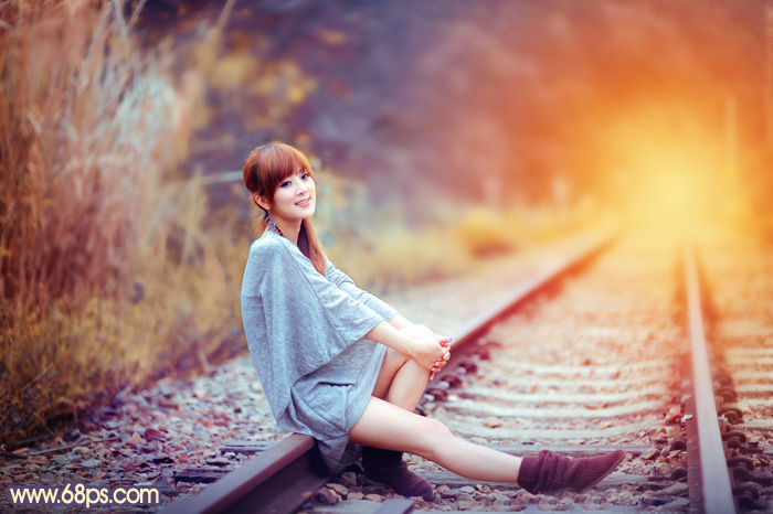 Photoshop给铁轨上的美女加上甜美的晨曦暖色3