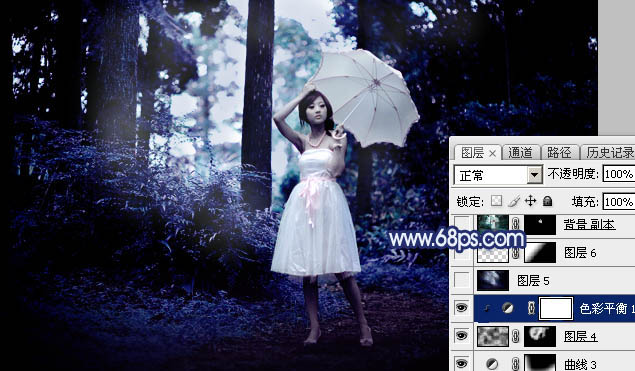 Photoshop为森林人物图片打造梦幻的暗蓝色特效21